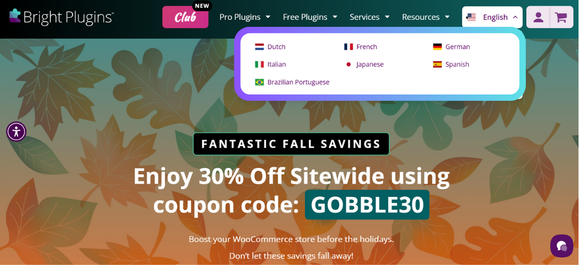 Página web de Bright Plugins con interruptor de lenguaje MultiLipi
